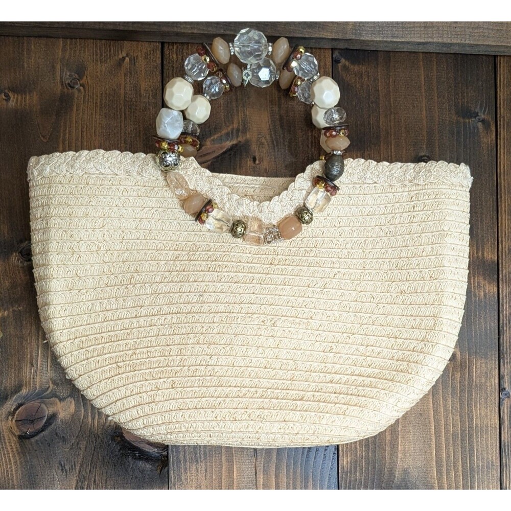 Cappelli Straworld Woven Toyo Straw Handbag Beaded Handles Gold Metallic